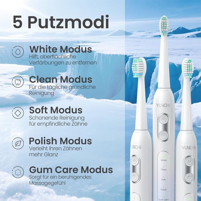 Електрична зубна щітка YUNCHI C2 з 40000 VPM, звукова щітка для дорослих, USB-C зарядка, 55 днів роботи від акумулятора, 5 режимів чищення, таймер 2 хвилини, 8 насадок, дорожній футляр, чорний (C2 небесно-блакитний та білий)