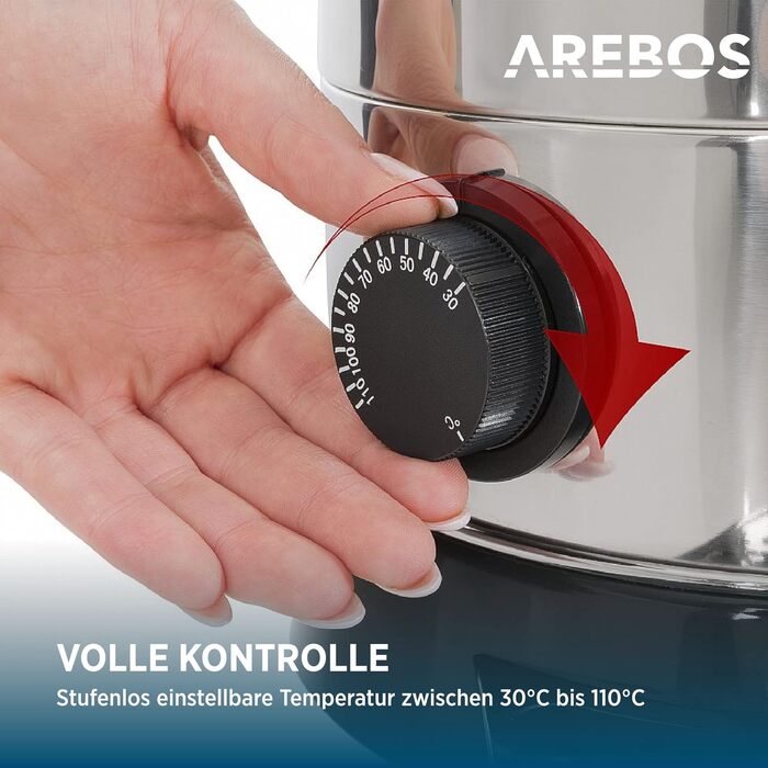 Arebos Glühwein Cooker 950 W | Hot Beverage Dispenser | 6.8 L | with drip tray, tap, thermostat, and overheat protection | Temperature setting from 30-110 °C | (Silver)