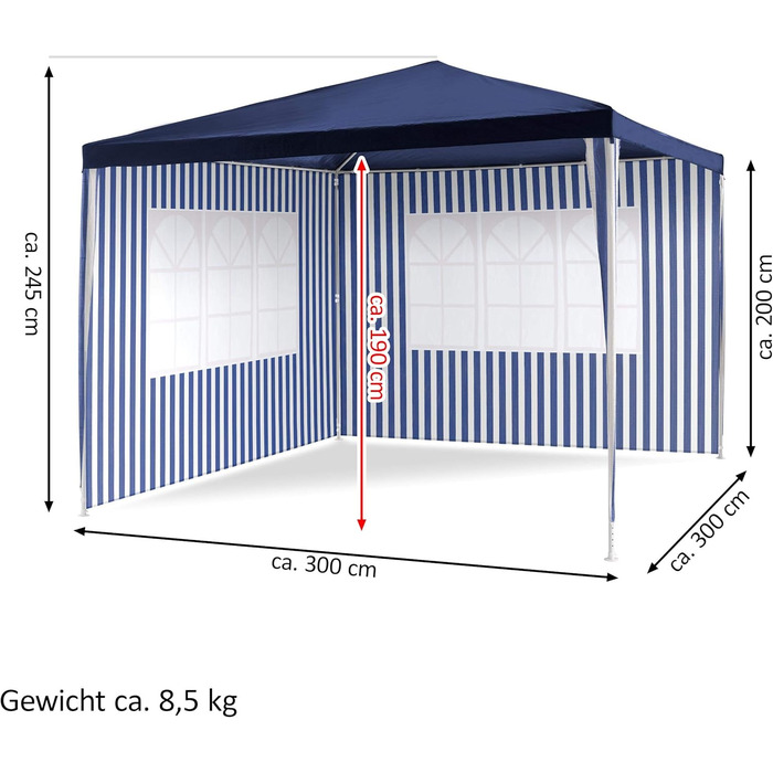 PE Pavilion Party Tent with 2 Side Panels for Garden, Terrace, Market, Camping, Festival as Shelter and Tarp, Waterproof 3 x 3 m blue
