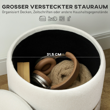 HOMCOM Storage Ottoman with Lid, Metal Ring, Two-Tone Design Round Footstool Upholstered Ottoman, Chenille 36 x 36 x 44 cm Cream White | Aosom