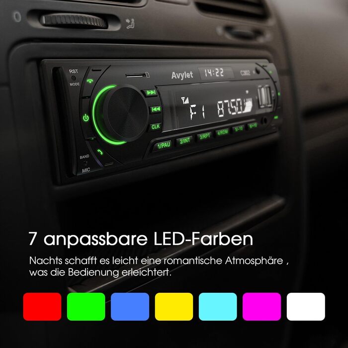 Автомобільна магнітола Bluetooth 5.0, FM/AM, 7 кольорів підсвічування, 1 DIN, стерео з 2 USB, AUX, MP3, підтримка iOS та Android, збереження 30 радіостанцій