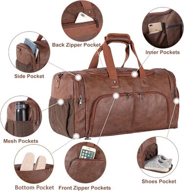 Duffle bag with shoe bag, overnight bag, leather oversized weekend bag, large carry-on bag, duffel bag for women and men ([H]brown)