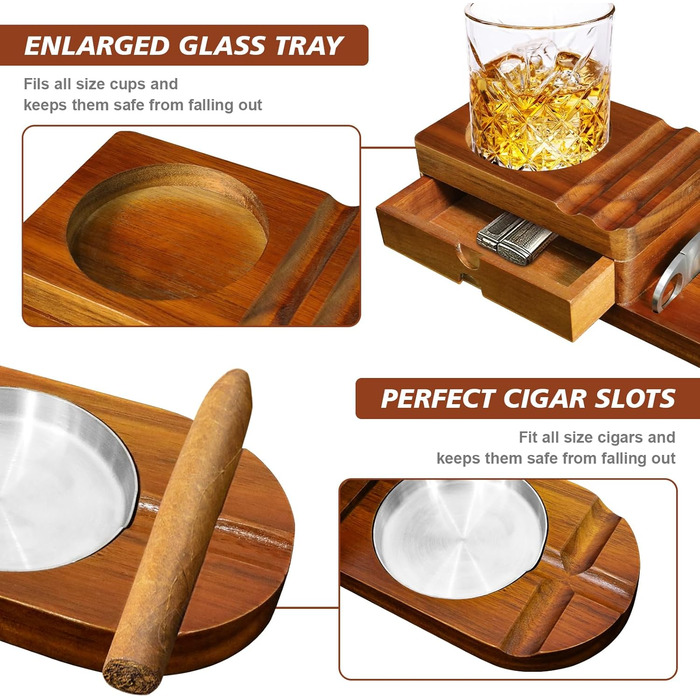 Wooden cigar ashtray, ashtray with whiskey tray and cigar holder + 1 cigar cutter, cigar humidor box with wine holder, for home, office or bar, men's birthday anniversary.