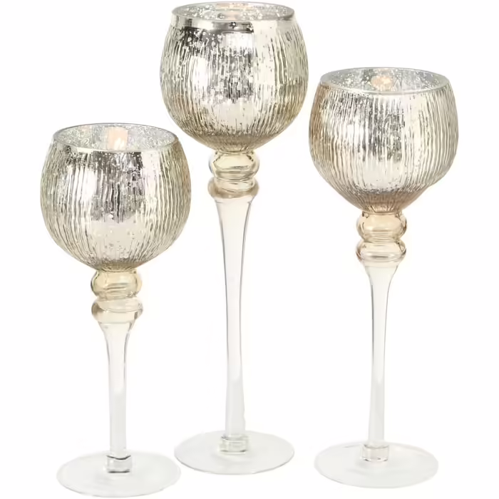 Boltze Windlicht Set Manou 3-piece (gold, decorative glasses for candles / Christmas decoration, candle holders heights 30 cm / 40 cm / 35 cm, round shape, straight pattern) 1005603