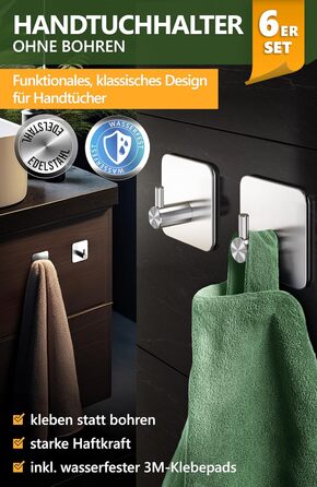 Набір гачків для рушників 4smile, 6 шт., сріблясті - без свердління, з нержавіючої сталі, для ванної кімнати