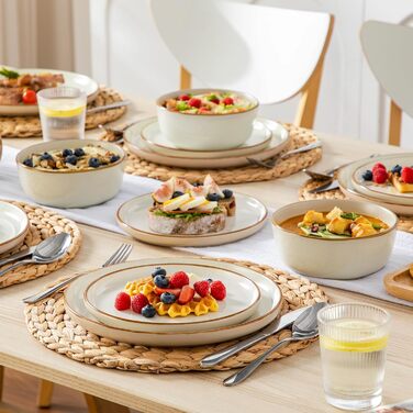 Набір посуду на 6 осіб Vancasso RENO 24 шт. з каменю, сучасний сервіз: тарілки для їжі, супу, десерту, миски. Підходить для миття в посудомийній машині та використання в мікрохвильовій печі. (Бежевий, 36 шт.)