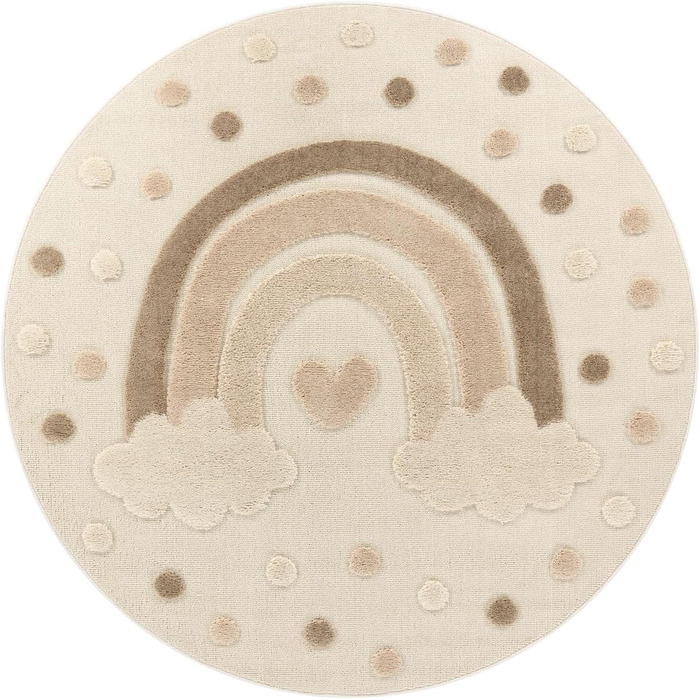TT Home Children's Rug, Kids' Room Rug, Play Rug, Short Pile, Sun Design, Fluffy 3D, Color: Dark Beige, Dark Cream, Beige, Size: 160 cm Round