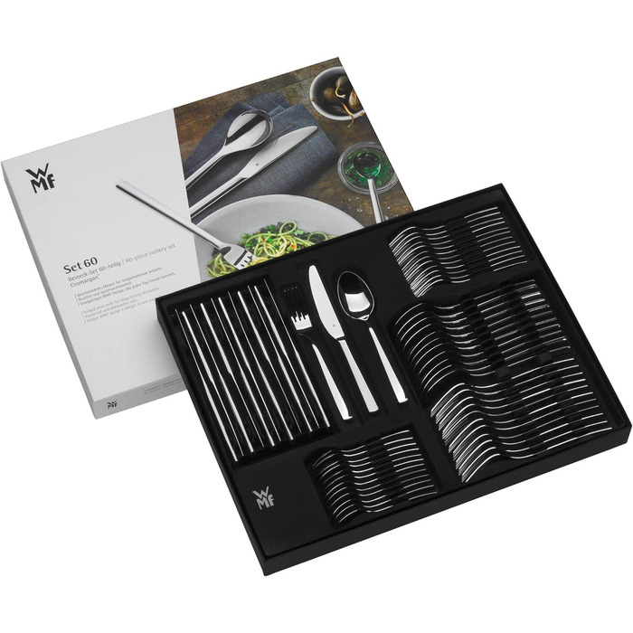 WMF Boston Cutlery Set, 12 Place Settings, 60-Piece Dinner Set, Monobloc Knives, Polished Cromargan Stainless Steel, Shiny, Dishwasher-Safe Single