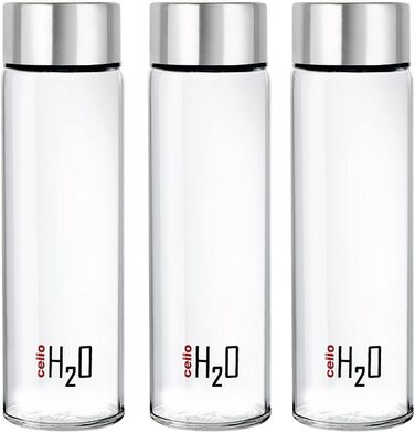H2O Steelox Glass Water Bottle, Refrigerator Bottle, Wide Opening for Easy Cleaning, Bottle for Hotel, Travel, Office, University, 3-Piece Set, 920 ml, Silver