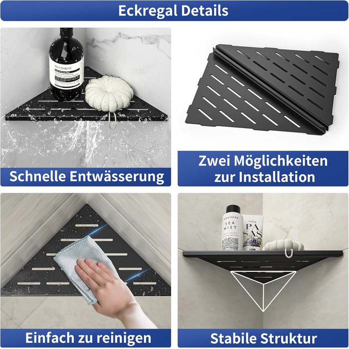 Bernkot Corner Shower Shelf 254mm Matte Black, 304 Stainless Steel, Recessed Corner Shelf Bathroom Shower Shelf for Tiled Wall, No Drilling, 2-Pack