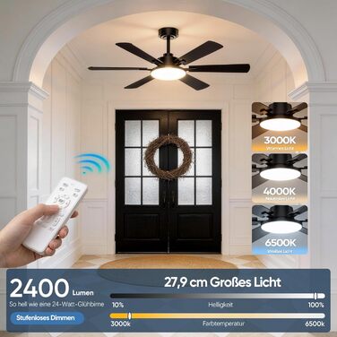 Стеляний вентилятор з підсвіткою 132см, 6 лопатей, з пультом керування, тихий DC-двигун, 6 швидкостей, 3CCT, регульоване LED-підсвітлення, двосторонні лопаті для спальні/вітальні