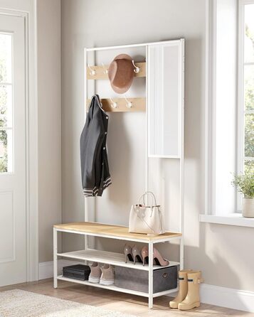 VASAGLE Clothes Rack, Coat Rack, Coat Stand with Hooks, Mirror, Bench, 35 x 98 x 180 cm, for Entryway, Bedroom, Living Room, Modern, Oak-White HSR415W09