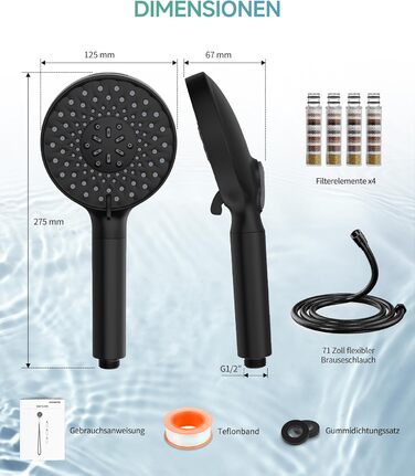 Душова лійка SR SUN RISE з фільтром, шланг та картриджі, 9 режимів, високий тиск, для жорсткої води, видаляє хлор, важкі метали, бактерії, чорний колір