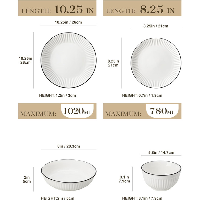 Набір посуду MALACASA LEILA для 6 осіб, 24 предмета: тарілки, миски, порцеляна, ручне рельєфне оформлення, підходить для мікрохвильової печі та посудомийної машини, білий з чорним контуром