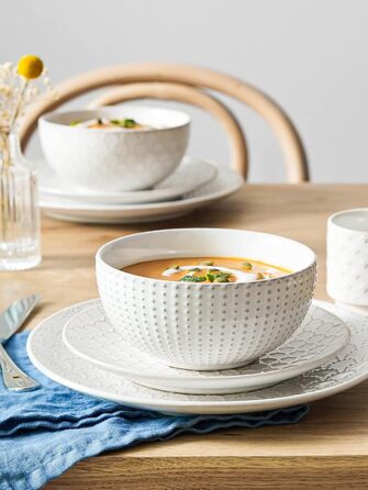 Набір посуду LE TAUCI: 12 елементів (4 сервізи) – тарілки, десертні тарілки, миски, білий колір, для миття в посудомийній машині