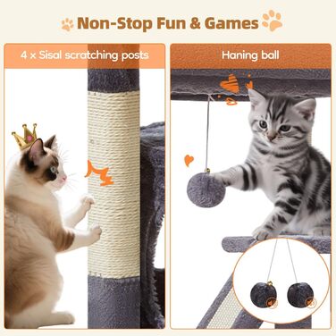 Дерев'яний кігтеточки Taoqimiao Klein 98 см - котячий будиночок з корзиною та 4 стовпчиками, MS029SW (темно-сірий)