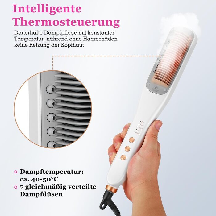 Випрямляч для волосся щіткою з підігрівом, білий | 3 температурні режими, швидкий нагрів (30с), захист від перегріву, для всіх типів волосся