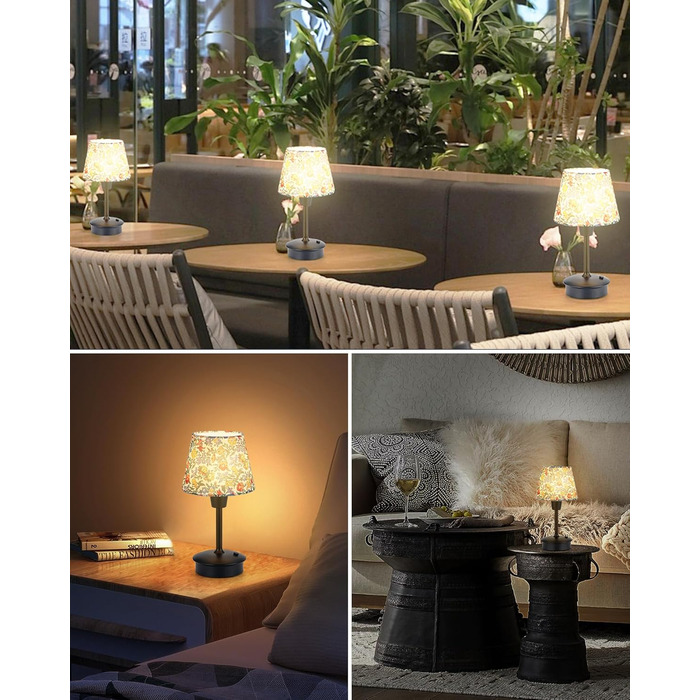 Акумуляторна настільна лампа: портативна, з регулюванням яскравості, для дому та саду. Тканинний абажур, античний метал, квітковий принт