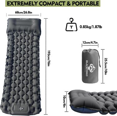 Twin Camping Sleeping Pad with Built-in Pillow & Foot Pump - Lightweight Inflatable Mat for Camping, Backpacking, Hiking & Travel (Gray, Double Size)