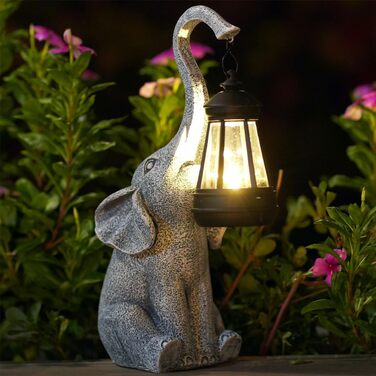Yeomoo Elephant Decoration with Solar Lantern Garden Figures - for Outdoor Garden Decor with Weatherproof LED Solar Lamp for Balcony Garden, Gifts for Women Men Mom Birthday Gift Grey