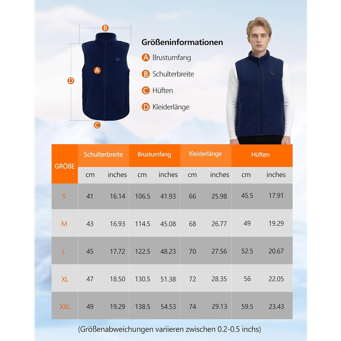 Обогрівальна жилетка з флісу для чоловіків з акумулятором 5V 10000mAh - жилетка для чоловіків з 3 рівнями нагріву, 5 зонами обігріву, ідеальна для роботи на відкритому повітрі, катання на лижах, піших прогулянок та щоденних поїздок (M, Морська синя)