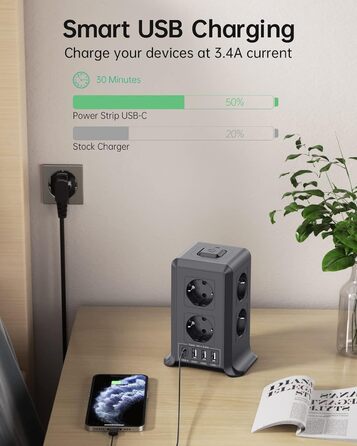 Багаторозкладна мережева панель Sameriver 8-fach з вимикачем, 4 USB, захист від перенапруги, 2м кабель, чорний