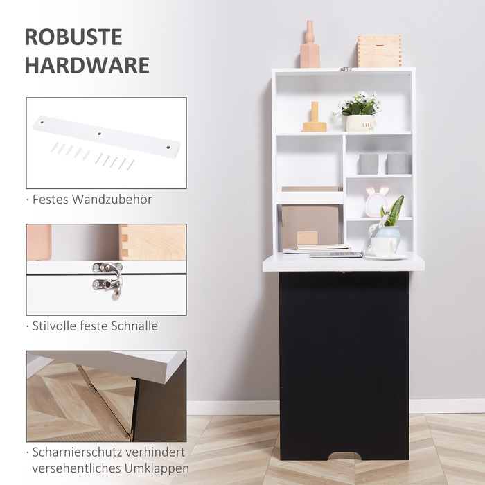 HOMCOM Wall Table Folding Desk with 5 Compartments, White and Black Board, 60x94.5x147cm, Space-Saving for Home Office