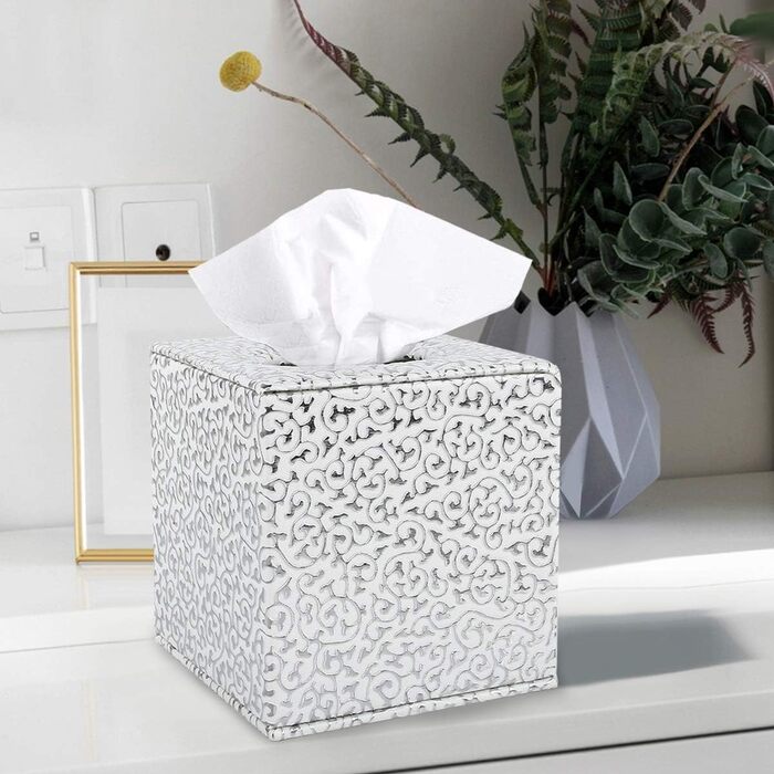 Disco Ball Tissue Box Cover, PU Leather, Cube-Shaped Tissue Holder, Square, Paper Holder, Napkin Dispenser for Home, Office, and Car (Silver Carving)