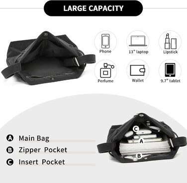 Сумка жіноча Miss Lulu велика шопер Tote Bag з м'якої PU шкіри, чорна (2-в-1)