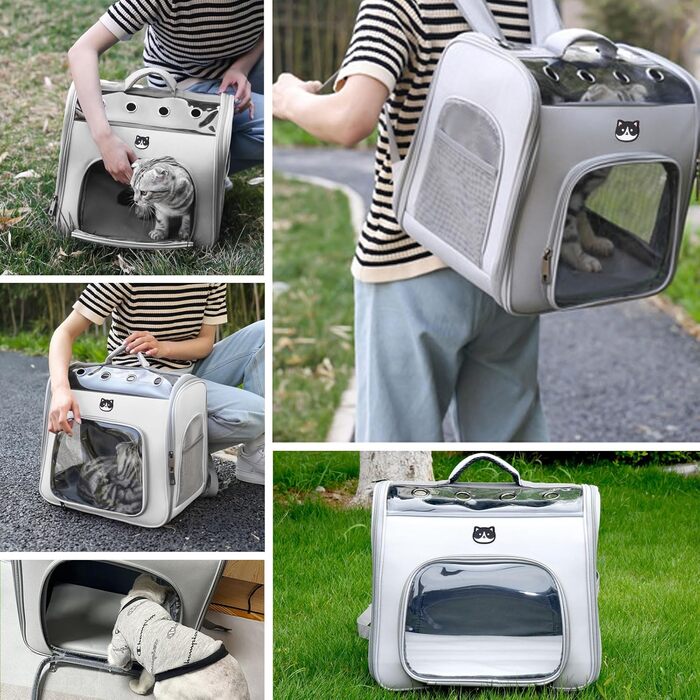 Рюкзак для кота з вікном, переноска для котів та маленьких собак (до 8 кг), сірий, дихаючий, складаний