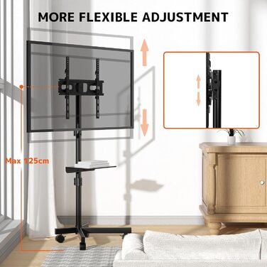 Підставка для телевізора на колесах для 23-60 дюймів - регульована по висоті, мобільна, з полицею для медіа, для офісу, вітальні, геймінгу, витримує до 40 кг, VESA до 400x400 мм, чорна