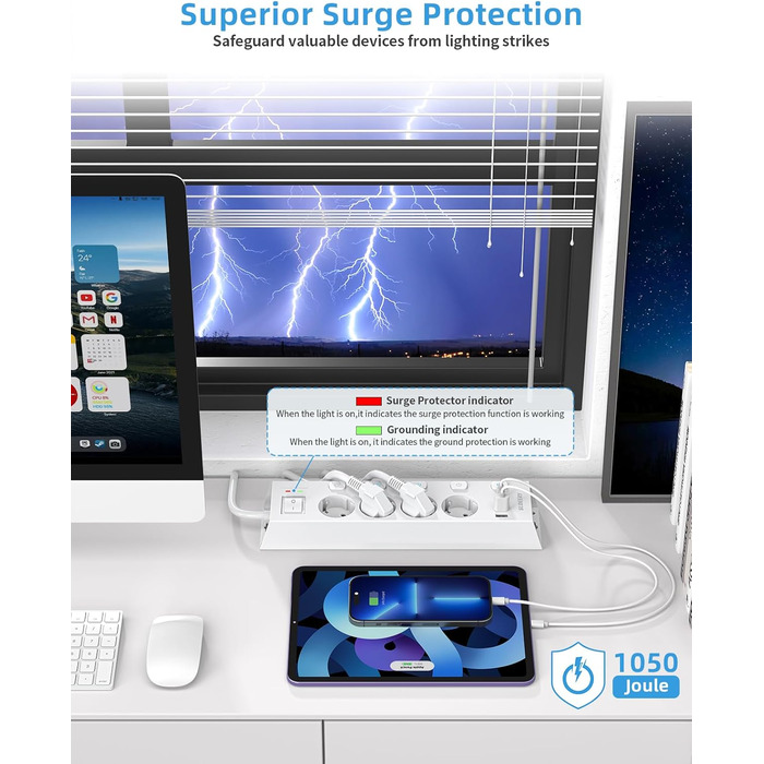 Мережевий фільтр Steckdoseleiste 5-фазний з індивідуальним вимикачем, захистом від перенапруги 1050J, для дому та офісу, кабель 2м (4 фази з USB, білий)