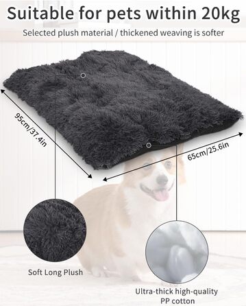 М'яке собаче ліжко для середніх собак, 95 x 65 см, з довгим пухнастим покриттям, знімне, з антиковзною основою, ортопедична підстилка, темно-сірий колір