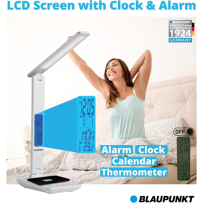 LED-лампа Blaupunkt на стіл з бездротовим зарядним пристроєм, USB-порт, регулювання яскравості, 5 кольорів, регульований кріплення, для офісу та читання, LCD-дисплей (годинник, календар, термометр), чорний