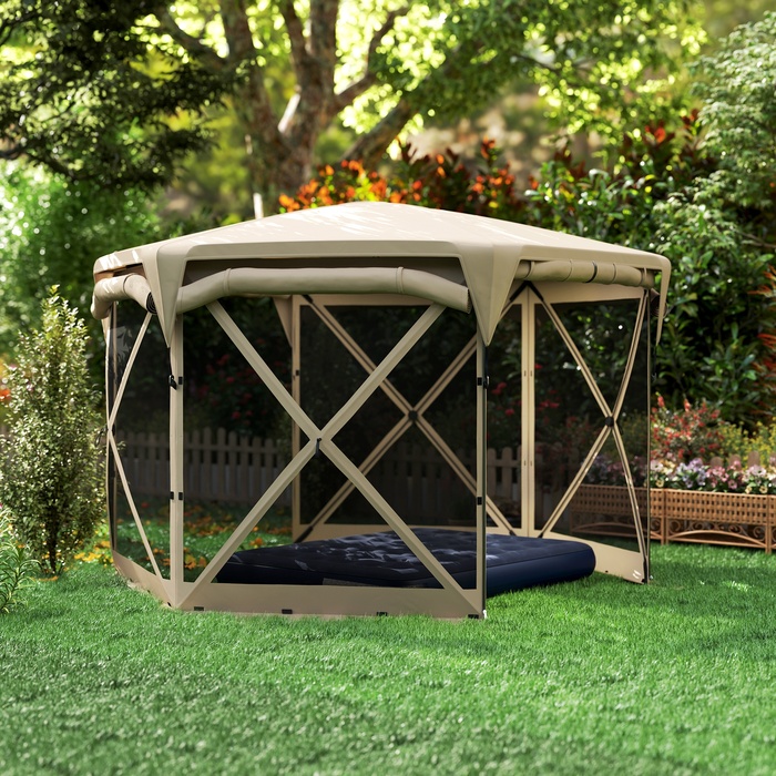 Outsunny Hexagonal Gazebo approx. 3.5x3m Pop-up Folding Gazebo with Removable Roof UV 30+ Foldable Waterproof Party Tent Garden Tent with 5 Side Panels Garden Gazebo for Camping Garden Festival, Khaki | Aosom