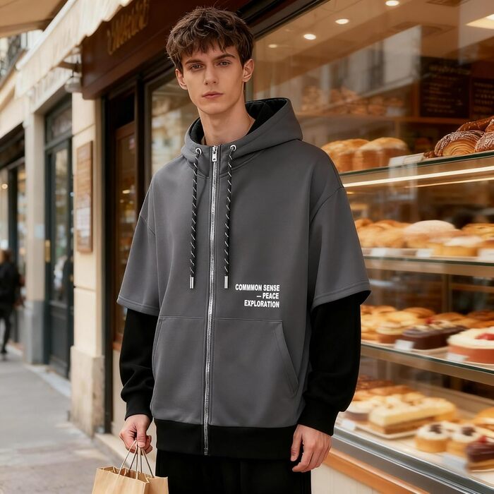 Чоловіча толстовка з капюшоном RUIZEHONG з блискавкою, спортивна куртка, блокований колір, повсякденний стиль, з кишенями, білий, чорний (сірий, чорний, L)