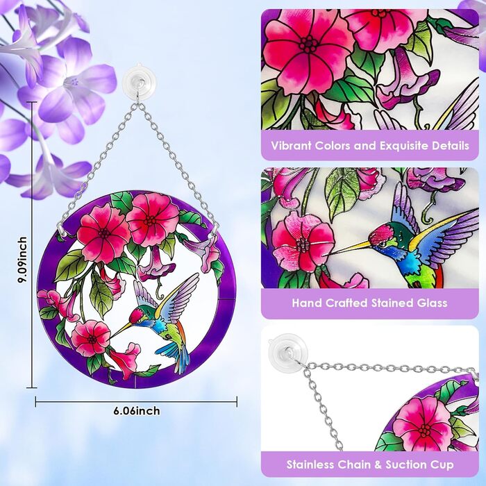 Stained Glass Window Hanging, Hummingbird Gifts for Women, Bird and Flower Window Sun Catcher, 6 inches, Purple Sun Catcher, Hand-Painted Glass for Bird Lovers (6 inches)
