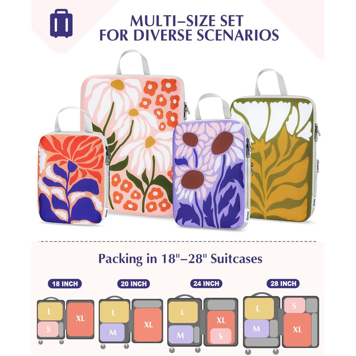 Органайзери для валізи Gonex (4 шт.) - набір кубиків для пакування, колір помаранчевий з квітковим принтом