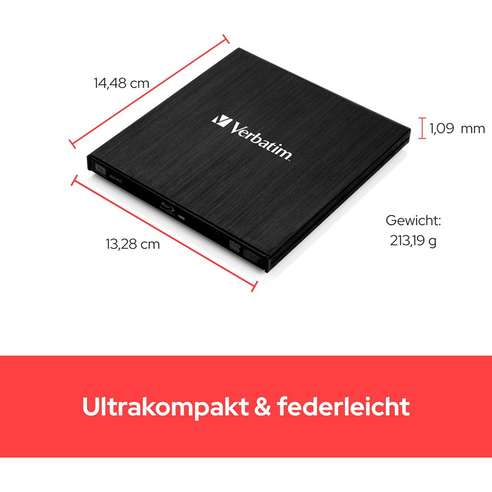 Зовнішній Slimline Blu-ray привід Verbatim з USB 3.0 — компактний записувач Blu-ray, DVD, CD та M-Disc для ПК та ноутбуків, чорний