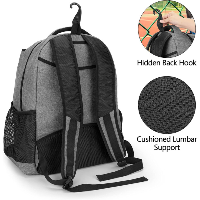DSLEAF Tennis Bag for 2 Rackets - Backpack with Shoe Compartment - Sports Training Gym Bag for Tennis, Pickleball, Badminton, Squash - Grey