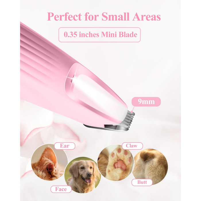 Триммер для собак LOEVERY з LED-підсвічуванням, 9 мм, USB-зарядка, рожевий. Ідеально для догляду за лапами, очима, обличчям та вухами