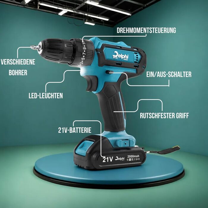 DELPHI 21V акумуляторний шуруповерт Set з 2 акумуляторами, 2 швидкості, 24 ступені крутного моменту, LED-підсвічування, для DIY-проєктів, 41-елементний набір з кейсом