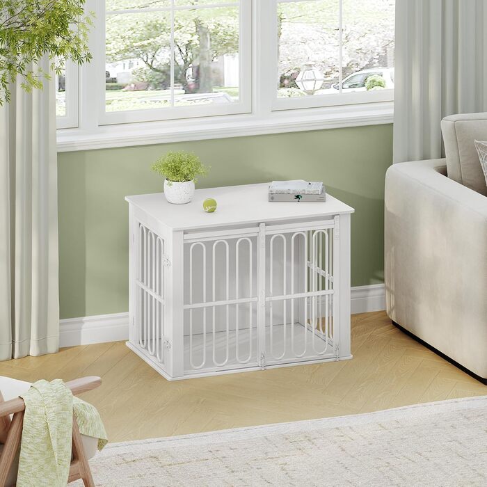 Дерев'яний вольєр для собак, 81 см, переноска для собак, клітка з 2 дверцятами, розсувні двері, для маленьких та середніх собак, міцний, з функцією столику, 81 × 55 × 62,4 см, білий