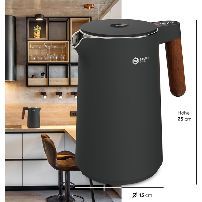 BALTER Stainless Steel Kettle with Temperature Setting, 45°C-100°C, Double-Walled, BPA-Free, Quiet & Cordless, Keep Warm Function, Tea Kettle with Temperature Display, 1.5L, 2200W, Black (Titanium Gray)