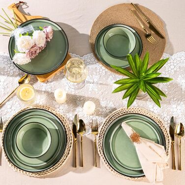 Набір посуду AmorArc з кераміки на 4 особи: тарілки та миски, реактивна глазур, міцний, для миття в посудомийній машині та використання в мікрохвильовці, комплект на 8 осіб (24 елементи) (Сервіз на 4, матовий чорний, оливковий)