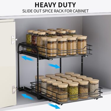 AIRUJIA Pull-Out Spice Rack, 2-Tier Dish Cabinet Organizer, Spice Rack Cabinet, Spice Rack, Lift-Up Bathroom Sink Shelf, Spice Organizer for Kitchen, L26.4*W23.2*H23CM