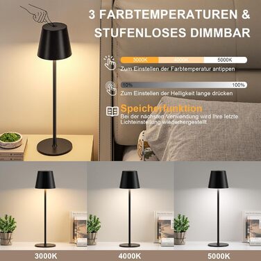 Акумуляторна настільна лампа LED бездротова з USB-C зарядкою, димується, 3 режими світла, чорна - для дому, кемпінгу