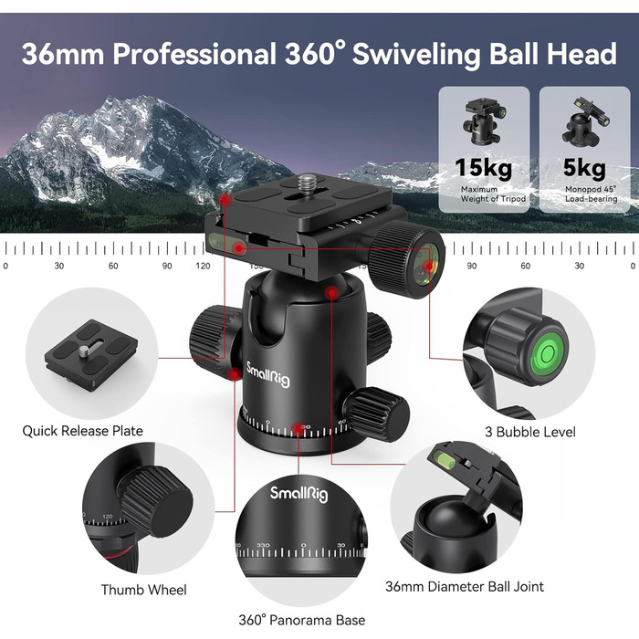 Штатив SMALLRIG з моноподом та кульовою головкою 360° (36 мм), 78'/200 см, вантажопідйомність 15 кг, для фото та відеозйомки