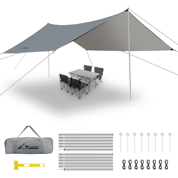 Тент для кемпінгу WADEO, 4x3 м, водонепроникний, з кілочками та стяжками, для пікніків та відпочинку на природі - Хакі (3,6м x 4,8м, Сірий)