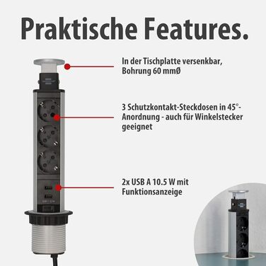 Вбудований мережевий фільтр Brennenstuhl Tower Power, висувна настільна розетка 2м, алюміній/чорний (3 розетки + USB)